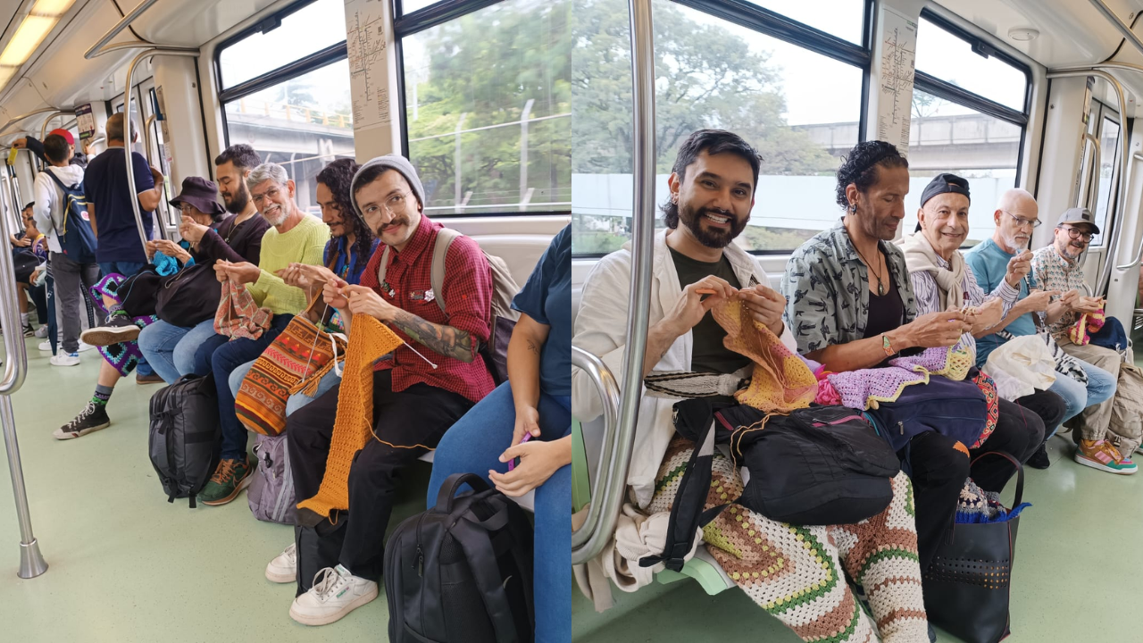 En video| Gran iniciativa: hombres se subieron a tejer al Metro de Medellín. ¿Cuál es la razón?