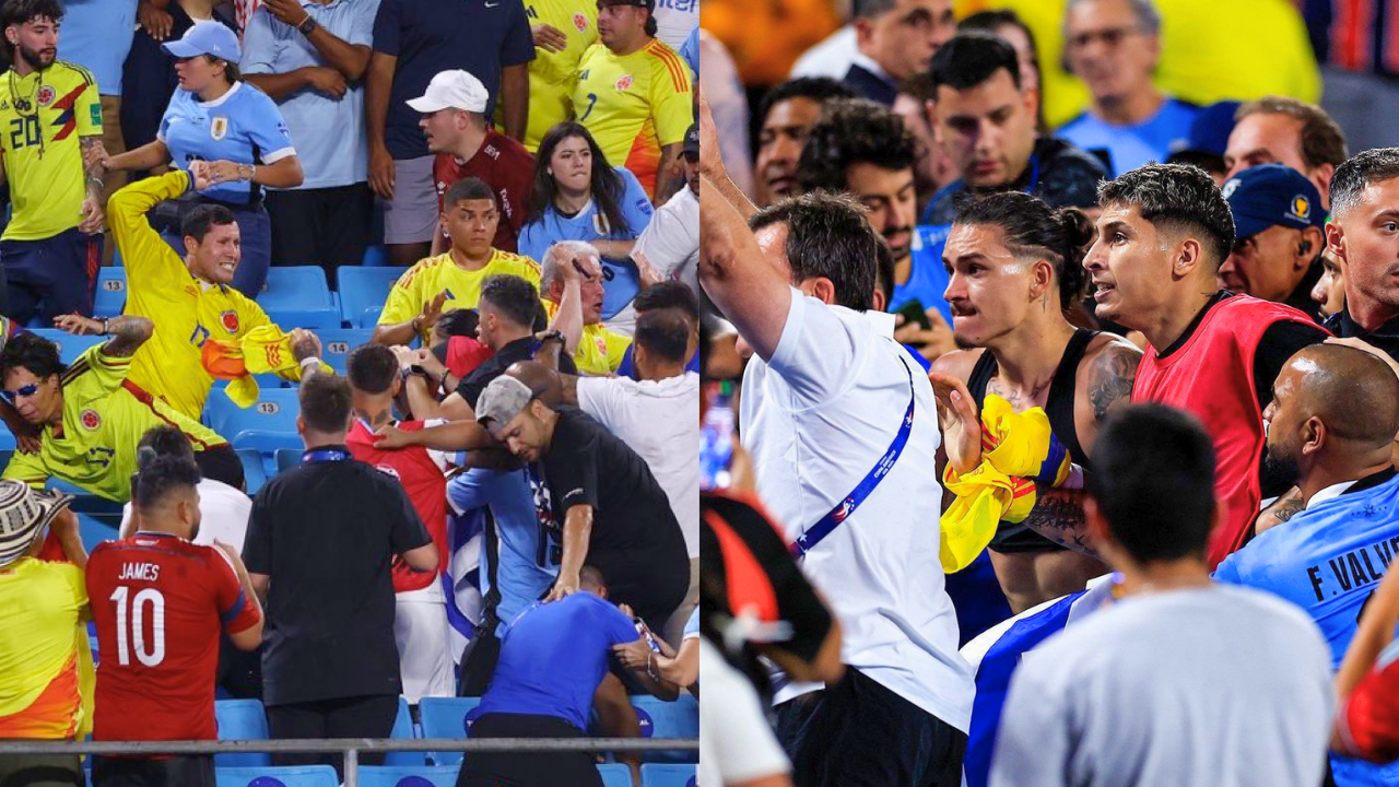 En video| Darwin Núñez se subió a la tribuna a pelear con colombianos y un hincha lo bajó de un golpe