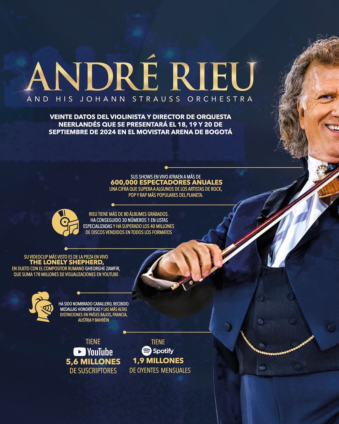 Regresa a Colombia: El reconocido violinista André Rieu se presentará en el Movistar Arena