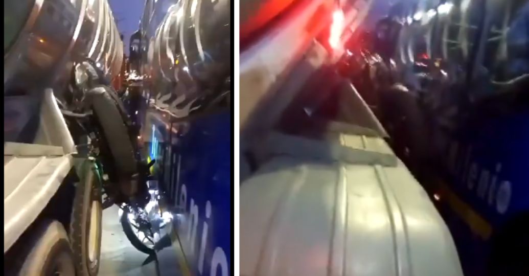 Fuerte accidente de tránsito en Bogotá: motocicleta quedó atrapada entre tractomula y bus del SITP