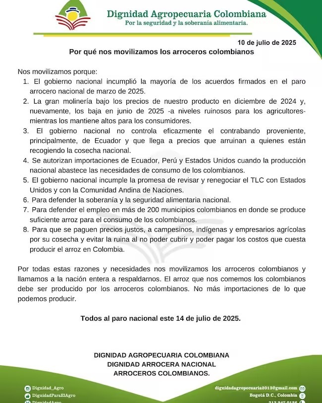 Paro arrocero: estos son los lugares donde habrá bloqueos