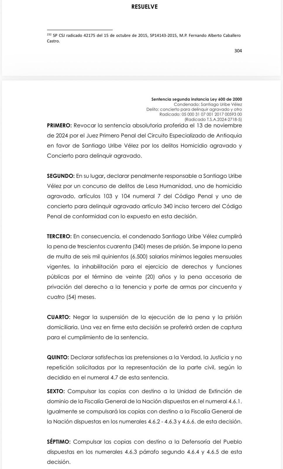 Condenan a Santiago Uribe, hermano de Álvaro Uribe, a 28 años de prisión por homicidio y concierto para delinquir