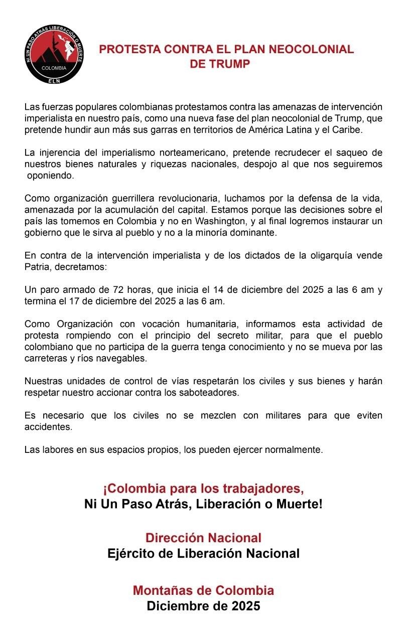 ELN anunció paro armado nacional de 72 horas desde el 14 de diciembre