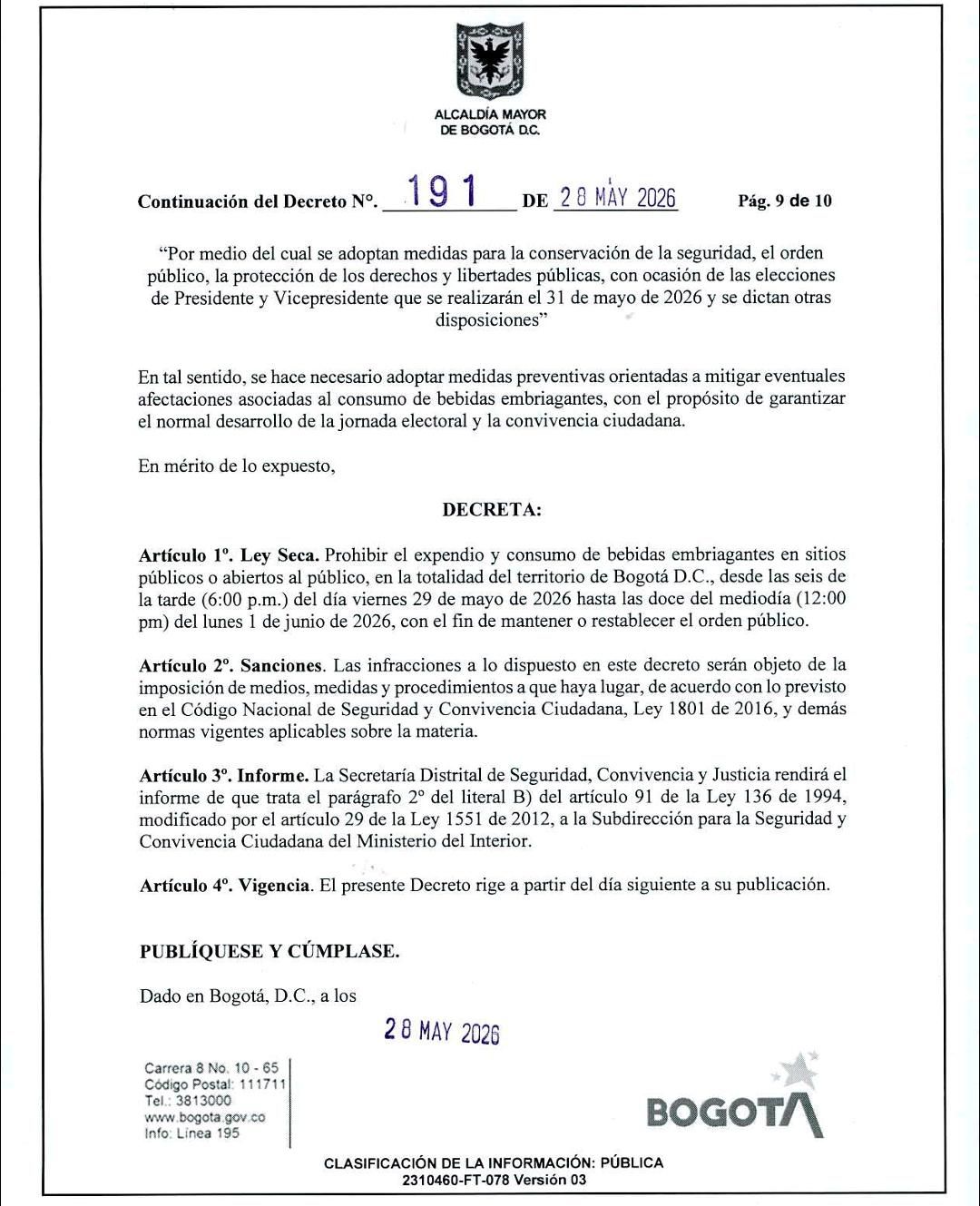Bogotá decretó ley seca desde este viernes por las elecciones presidenciales: así regirá la medida