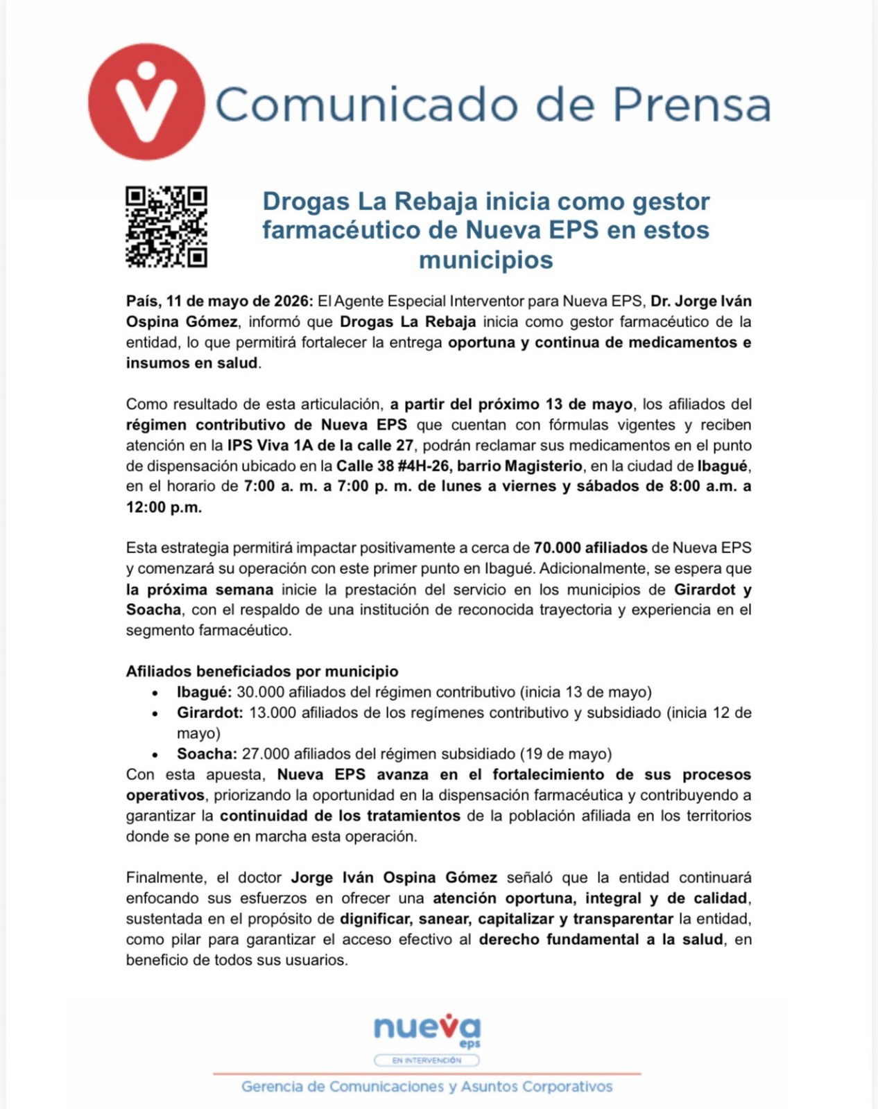 ¡Atentos usuarios de la Nueva EPS! Drogas La Rebaja será el nuevo gestor de medicamentos en estos municipios