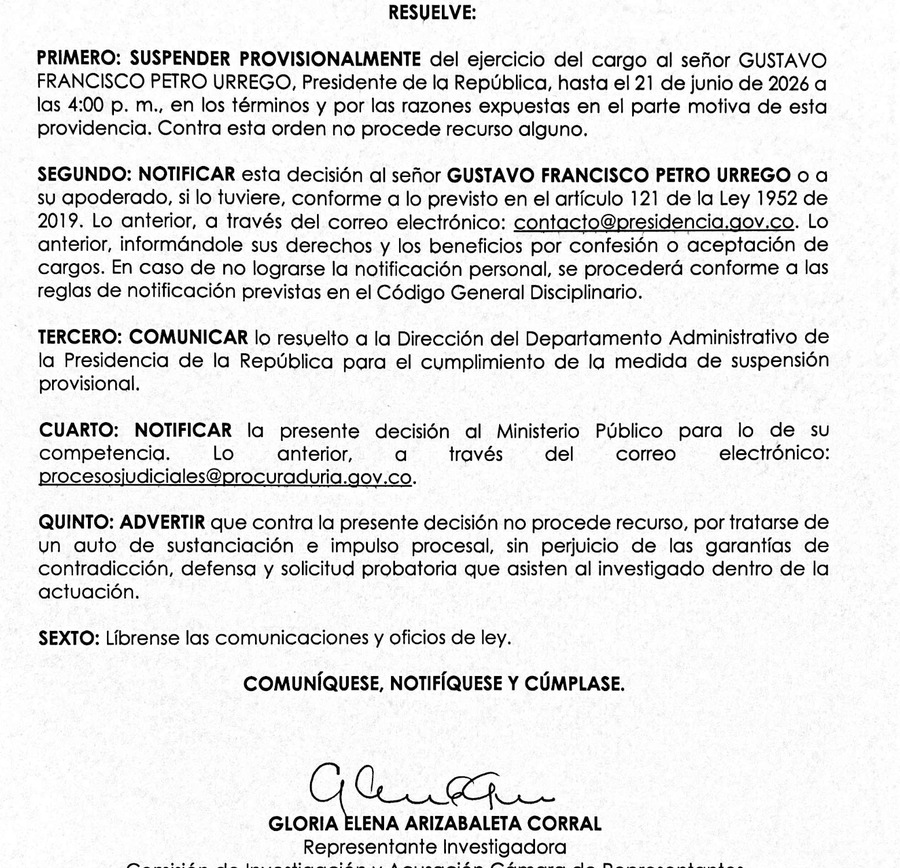 Presidenta de la Comisión de Acusaciones suspende provisionalmente al presidente Petro: ¿es viable?
