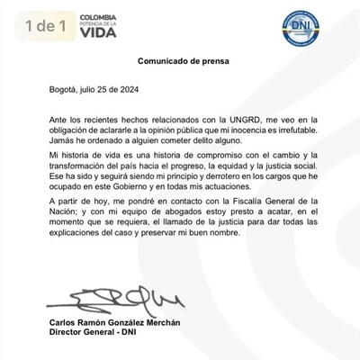 carta de renuncia de Carlos Ramón González