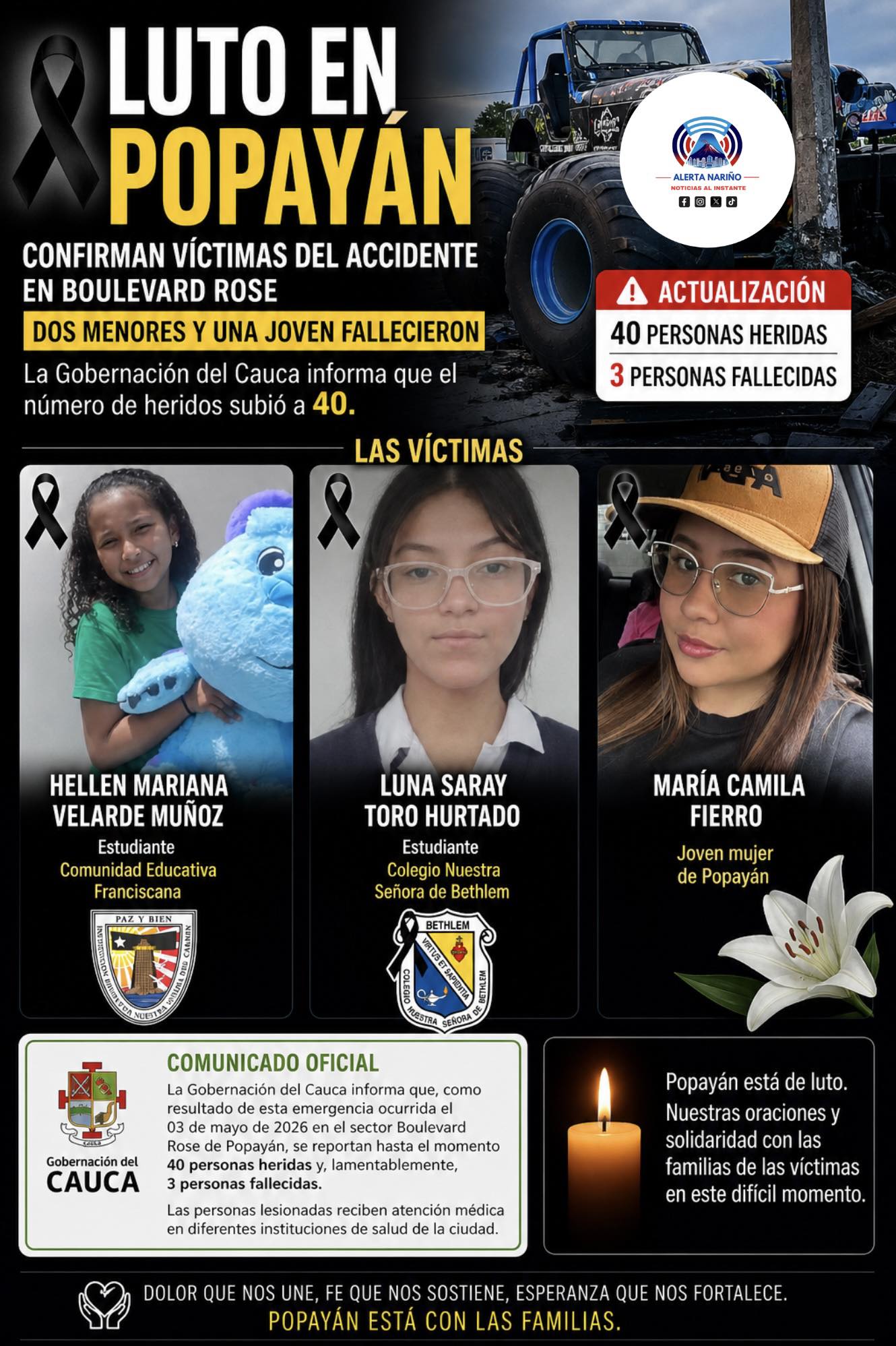 Estas son las tres víctimas mortales de la tragedia con Monster Truck en Popayán: dos son menores