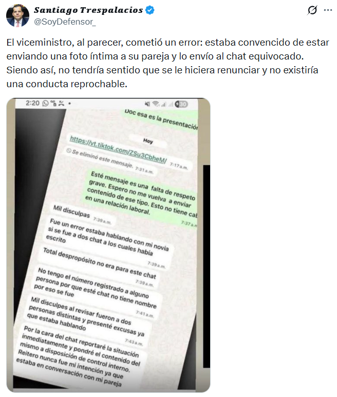Revelan chat en que exviceministro de Igualdad se disculpa tras enviar foto íntima a funcionaria