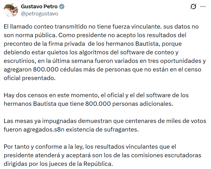 ¿Hubo fraude en las elecciones en Colombia? El registrador le respondió de frente al presidente Petro