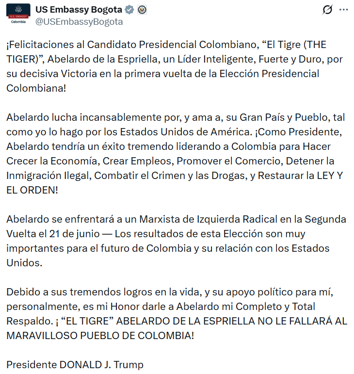 Revelan las razones detrás del apoyo del presidente Trump a Abelardo de la Espriella: el aboga respondió