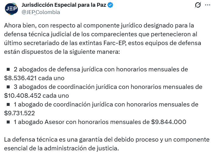 JEP respondió la polémica y reveló cuánto cobran abogados que defienden al exsecretariado de las Farc