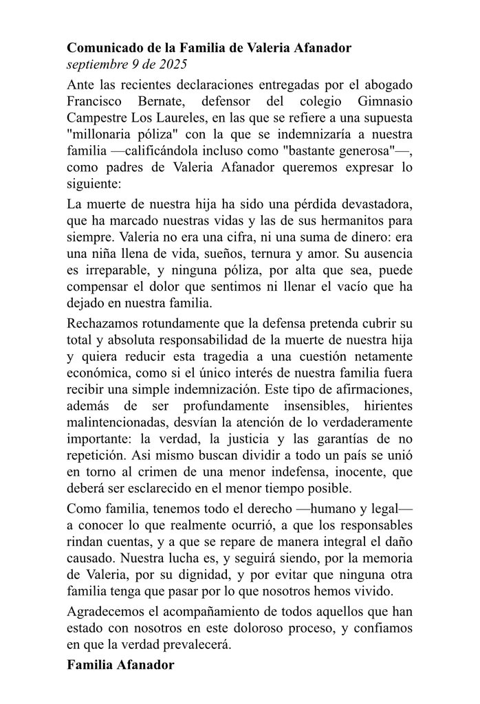 Comunicado familia de Valeria Afanador