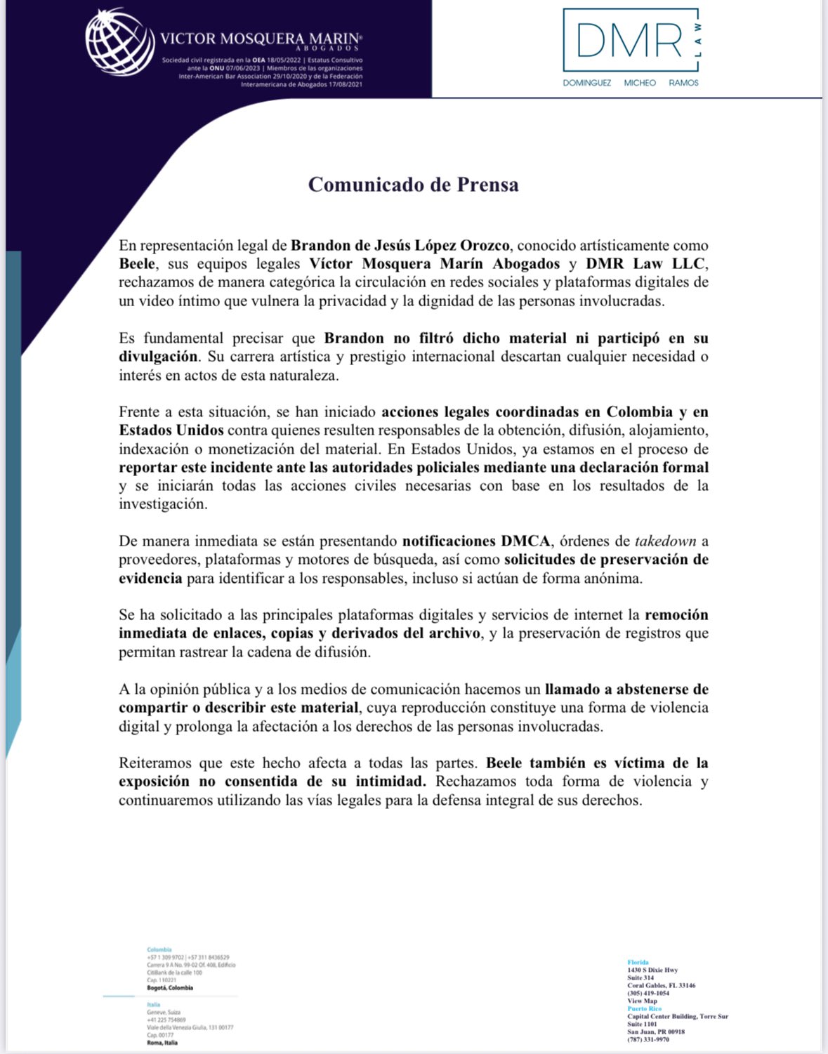 Comunicado abogados de Beéle por filtración de video