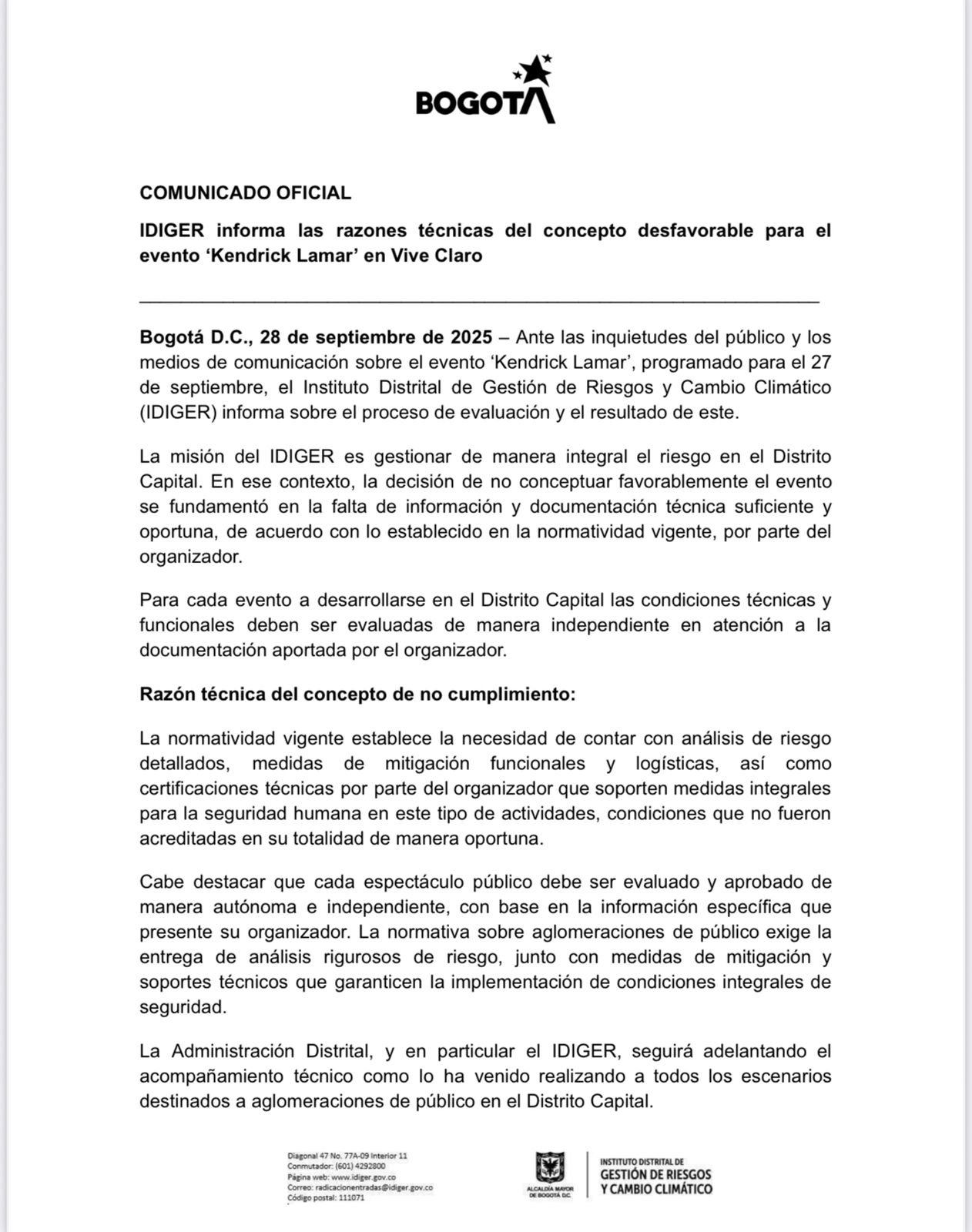 Comunicado IDIGER sobre Kendrick Lamar