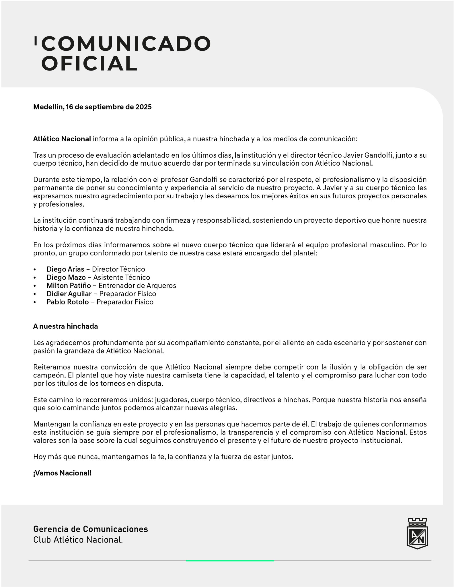 Comunicado que confirma la salida de Javier Gandolfi de Atlético Nacional