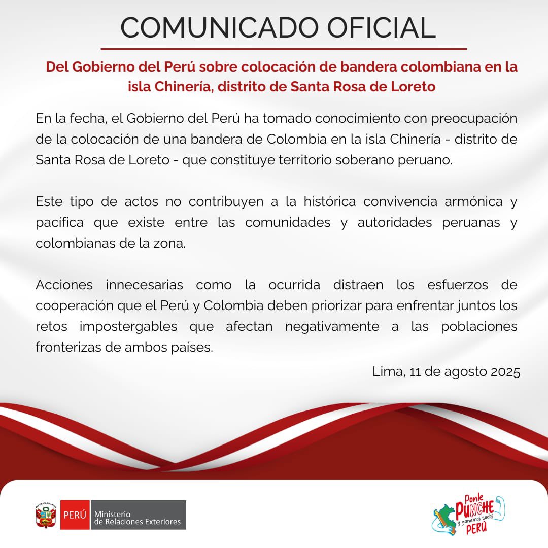 Comunicado Cancillería de Perú por bandera izada por Daniel Quintero en la isla de Santa Rosa