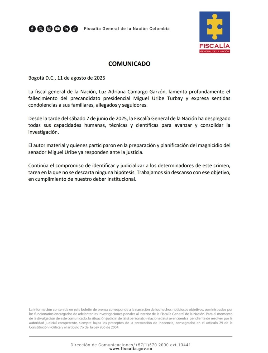 Comunicado Fiscalía por muerte de Migue Uribe Turbay