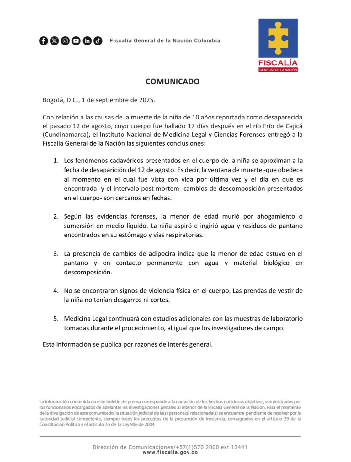 Dictamen de Medicina Legal sobre Valeria Afanador