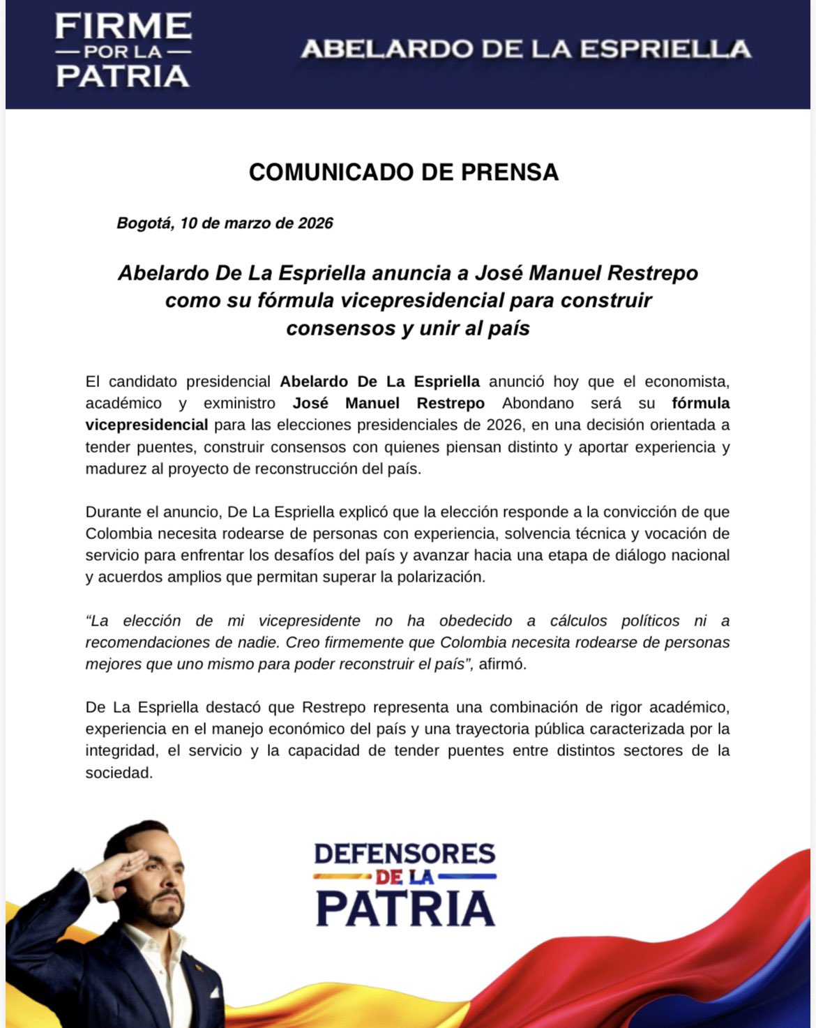 ¿Quién es José Manuel Restrepo, fórmula vicepresidencial de Abelardo de la Espriella? Ya se pronunció