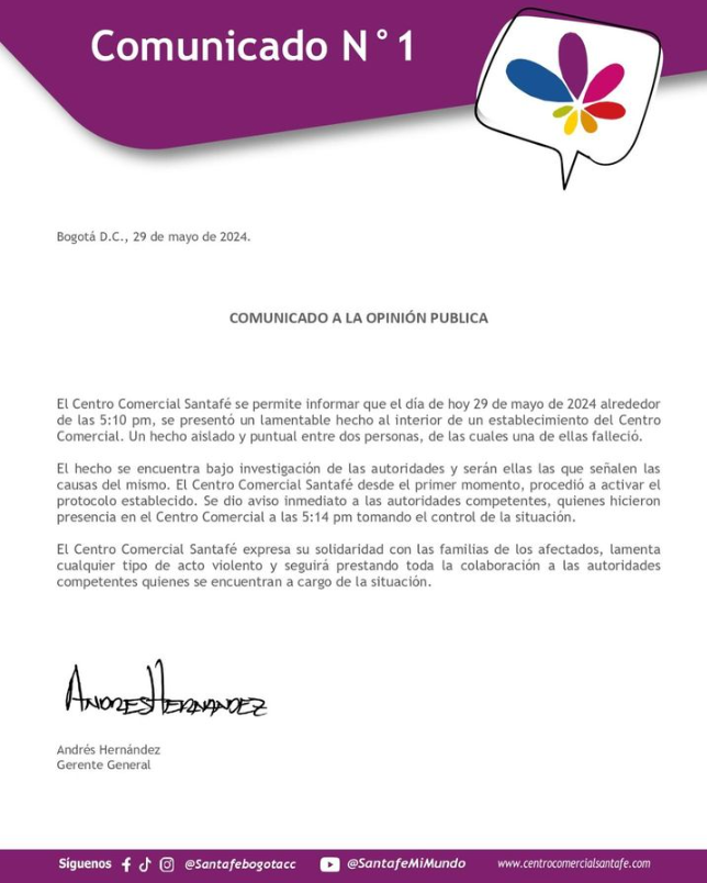 Primer comunicado Centro Comercial Santafé