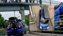 Revelan la identidad del dueño del Spark azul que intentó subir un puente peatonal en Bogotá: esto dijo